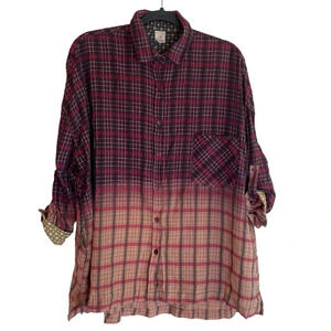 I Love Joah Button Up Ombre Plaid Tunic Top Burgundy Orange Women’s Medium